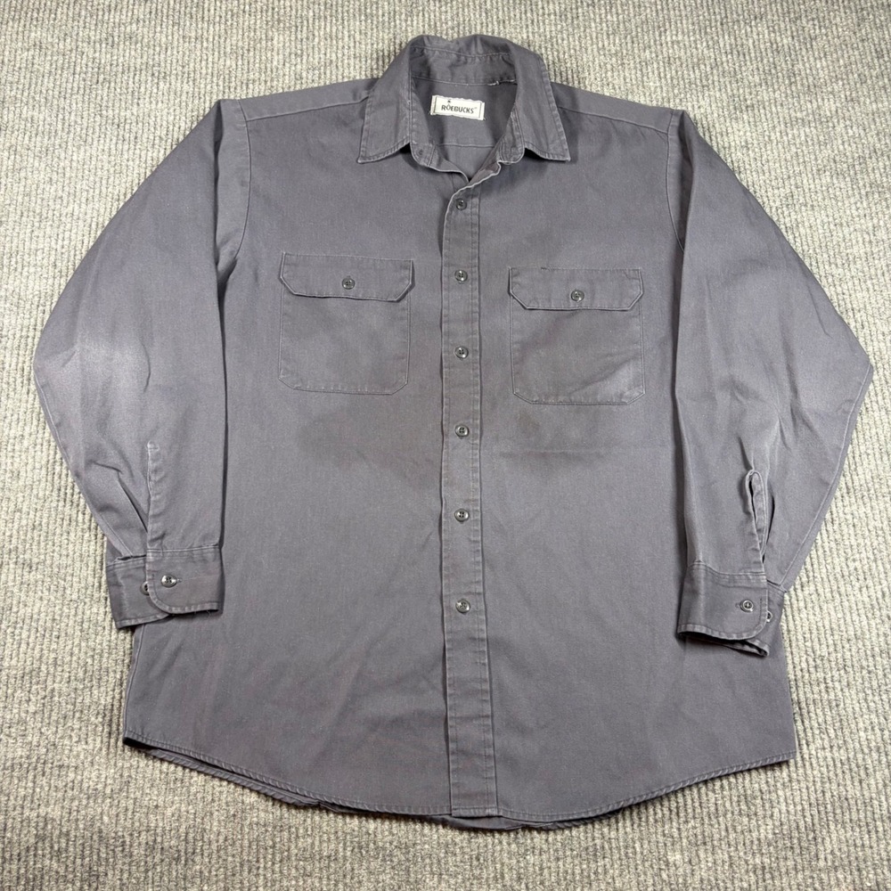Vintage Roebucks Shirt Mens L Gray Long Sleeve Button Up Work Two Pocket‎